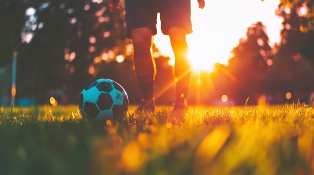 A young white man with dark blond hair, wearing casual clothes, kicking a soccer ball on a sunny field, natural outdoor lighting with green grass and blue sky,
