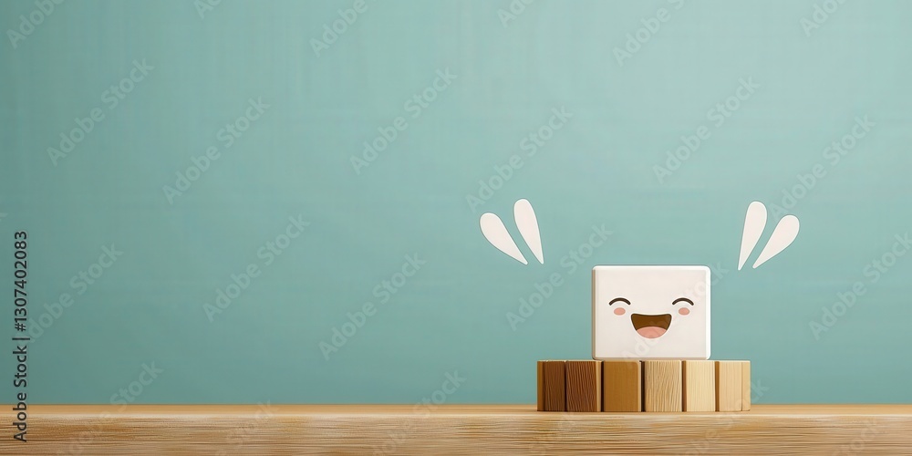 Poster material science nanomaterials concept. smiling character on blocks against a blue background.