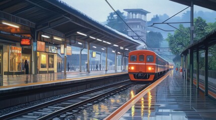Fototapeta premium Crimson commuter: wet cityscape train station under heavy rainfall at dusk