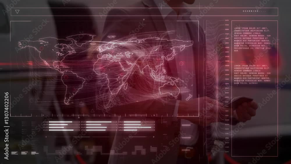 Poster world map and data processing animation over businessperson in office setting