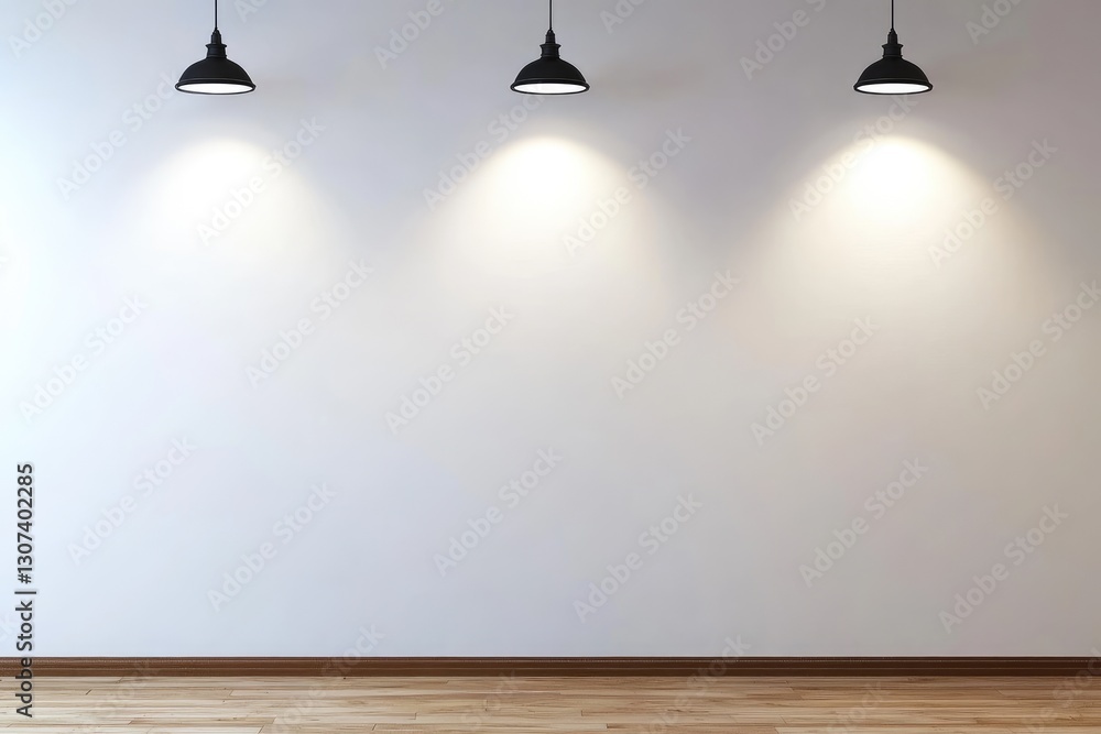 Poster a white wall with three black spotlights casting soft illumination, creating a modern minimalist bac