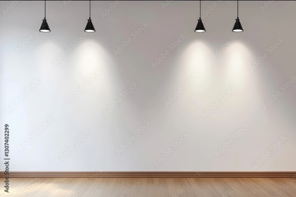 Poster a white wall with three spotlights casting soft illumination onto the surface, creating an elegant d