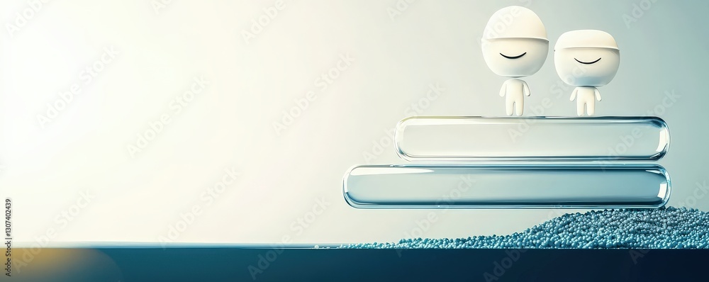 Poster material science nanomaterials concept. two playful characters on transparent blocks above water.
