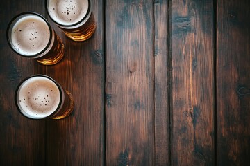 Fototapeta premium Three beer glasses with frothy tops rest on a rustic wooden table with empty space for text. Ideal for brewery branding, pub promotions, and beverage advertisements