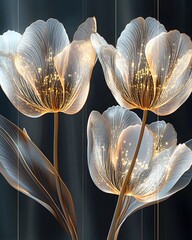 there are three white flowers with gold stems in a vase