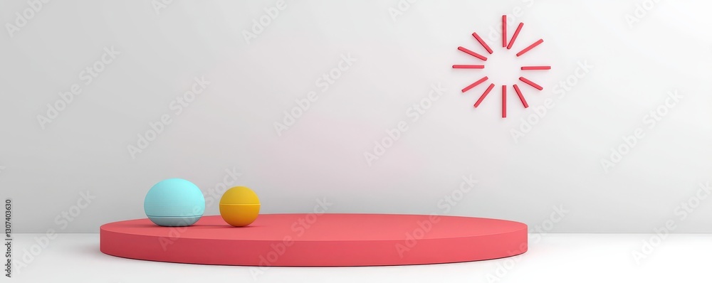 Poster material science nanomaterials concept. minimalist scene with colorful spheres on a circular platfor