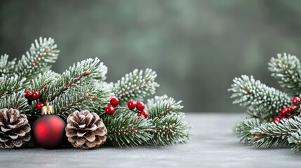 A seasonal card depicting a sunlit winter setting with snow, snowflakes, and pine cones