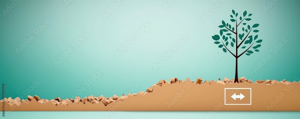 Poster material science nanomaterials concept. minimalist landscape with a tree and abstract design element