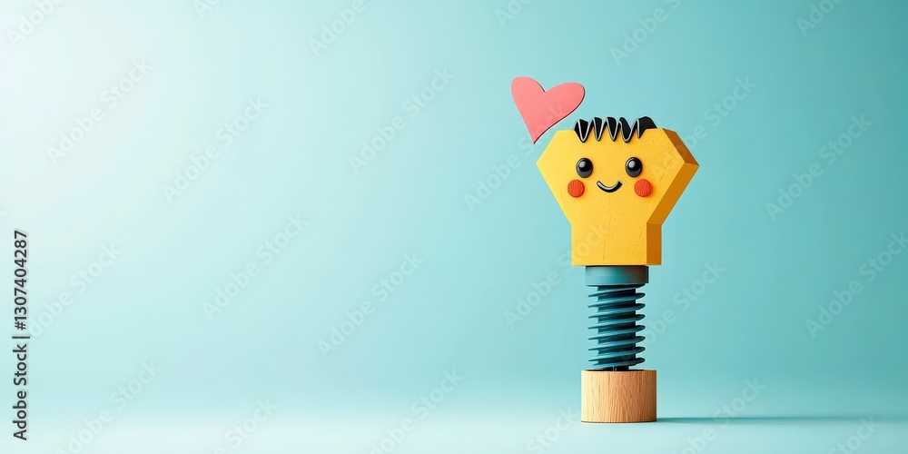 Poster material science nanomaterials concept. cute smiling screw character with a heart on a blue backgrou
