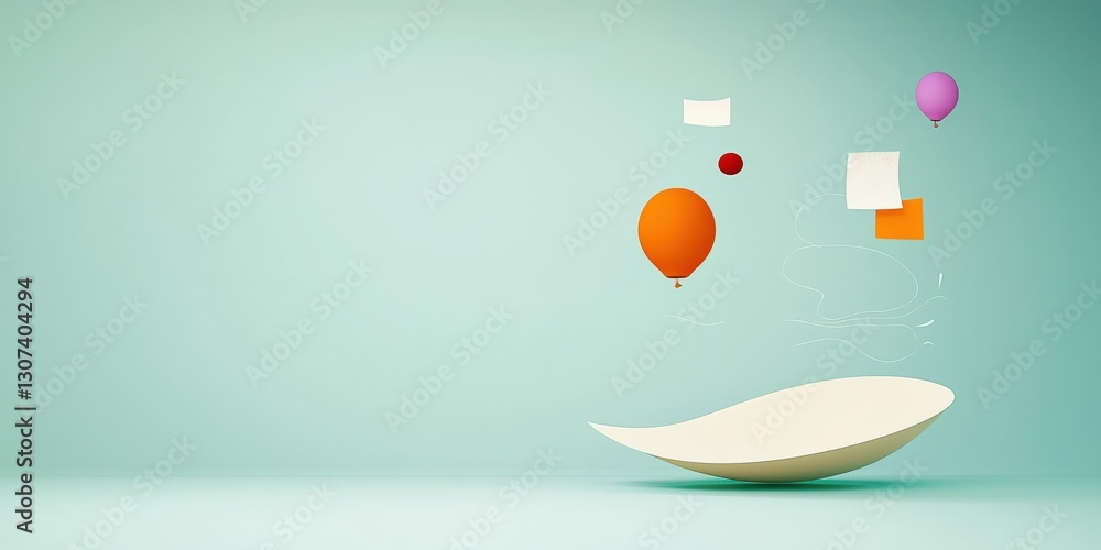 Poster material science nanomaterials concept. floating balloons and shapes above a curved surface on a tea