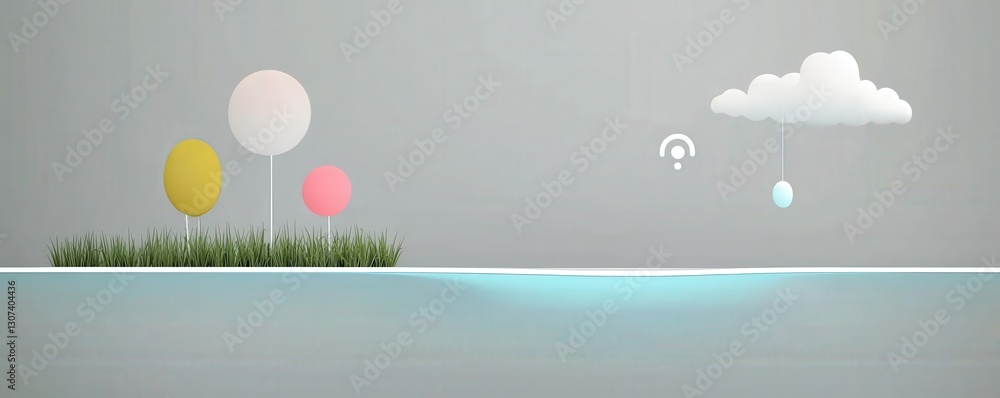 Poster material science nanomaterials concept. minimalist landscape with colorful trees and abstract elemen