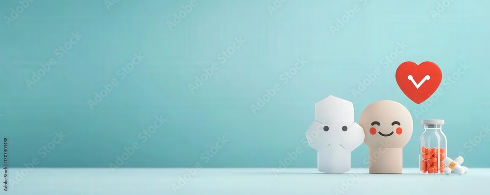 Poster material science nanomaterials concept. cute characters with a heart symbol and medical elements on 