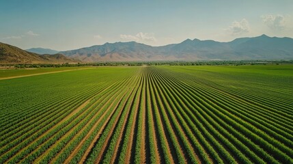 Aerial view of a farmland landscape with rows of crops and a distant mountain range, vibrant natural colors, serene and picturesque rural scene