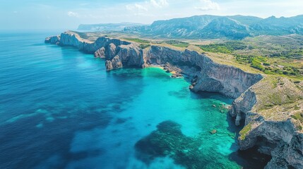 Majestic aerial view of dramatic coastline with emerald waters and rugged cliffs