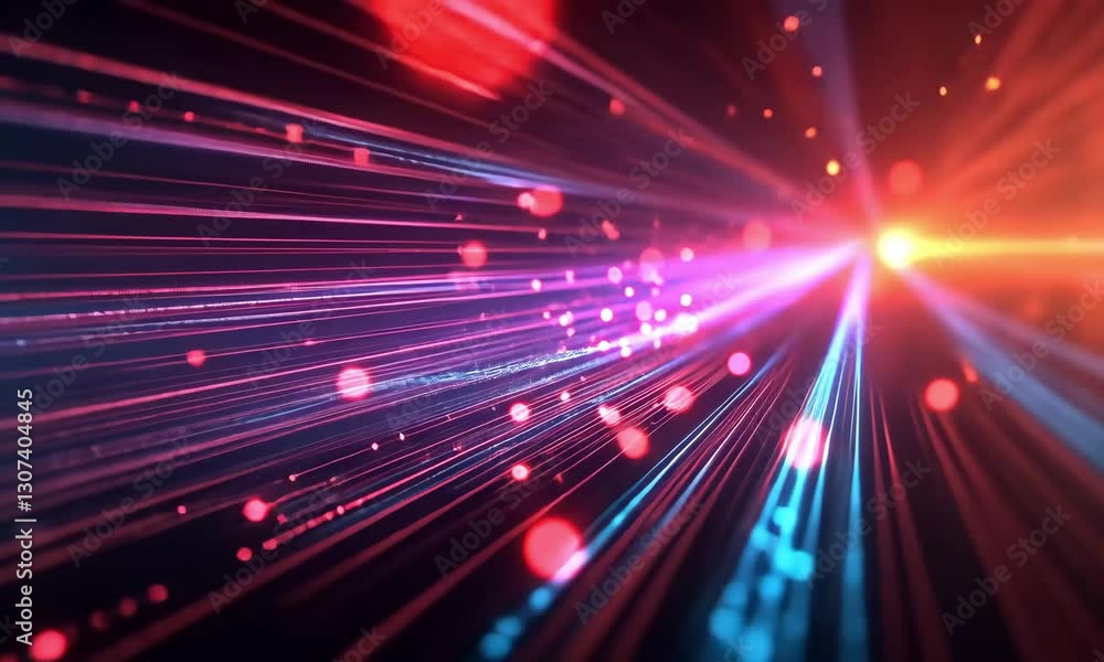 Poster colorful light rays and particles create a dynamic abstract display in a dark background