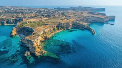 Obraz premium Aerial view of mediterranean island with dramatic coastline and clear blue waters