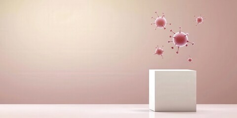 material science nanomaterials concept. Minimalist scene with a white cube and red virus-like particles floating above.