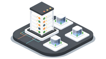 Futuristic digital marketplace with modern buildings and pathways