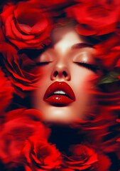 A stunning portrait featuring a beautiful woman framed by vibrant red roses. Beauty industry advertising photo, generative AI.