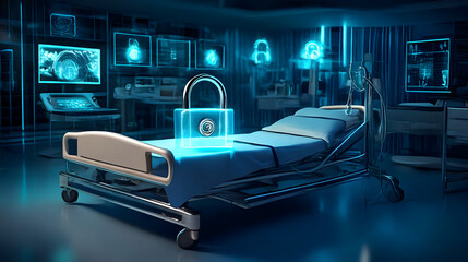 Digital lock over hospital bed symbolizing healthcare data security. Data privacy for patients.