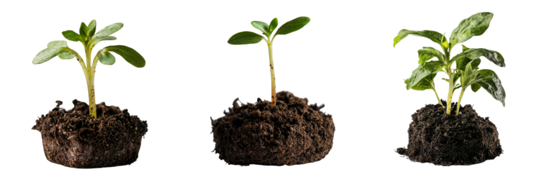 A generative AI has created an isolated image of a young plant developing in soil, set against a transparent background
