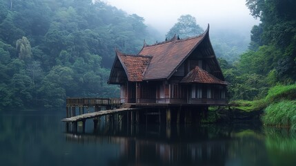 Fototapeta premium Tranquil waterside retreat: A traditional stilt house amidst a verdant landscape