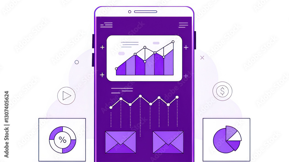 Poster marketing funnel illustration on smartphone with graphs and charts, showcasing data analysis and lea