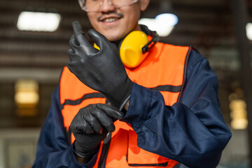 Close up technician engineer wearing and adjust protective safety glove. Safety equipment for...