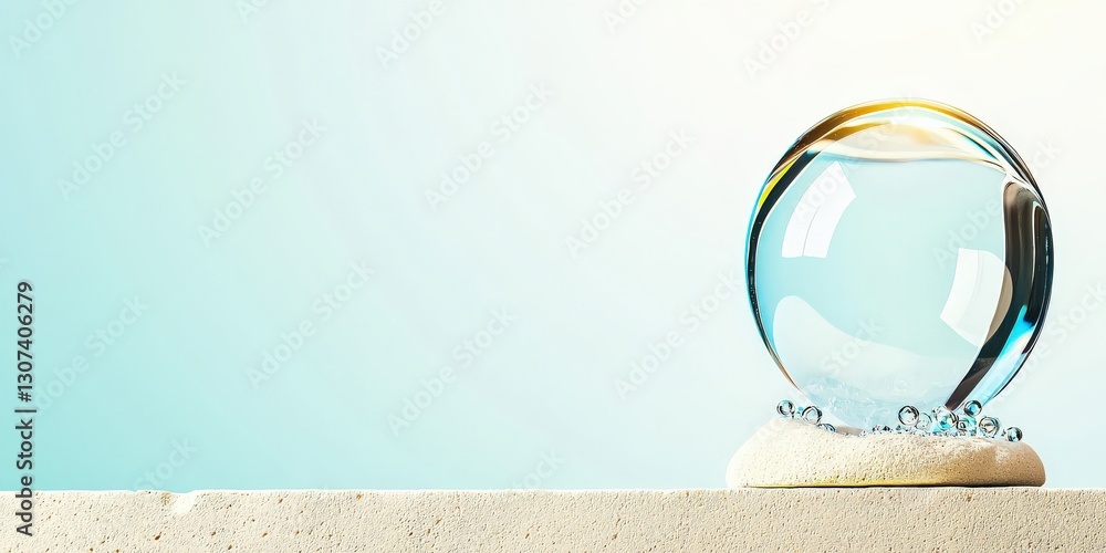 Aufkleber material science nanomaterials concept. clear water globe on a sandy surface with a soft background.