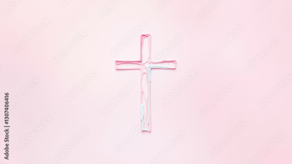 Poster christian cross image on a pink background with a grey border.