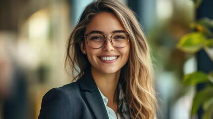 Smiling professional woman wearing glasses is looking towards the viewer