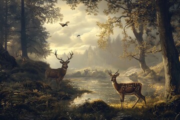 there are two deer standing in a wooded area by a stream
