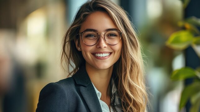 Smiling professional woman wearing glasses is looking towards the viewer