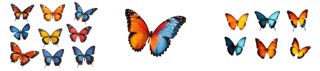 Fototapeta premium On a white background, a beautiful monarch butterfly is isolated, and a set of large monarch butterflies is also isolated, along with the Tawny Coster, known by its scientific names Acraea violae and