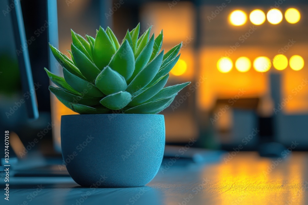 Poster a vibrant succulent in a blue pot adding life to a workspace backlit by warm lights creating a calmi