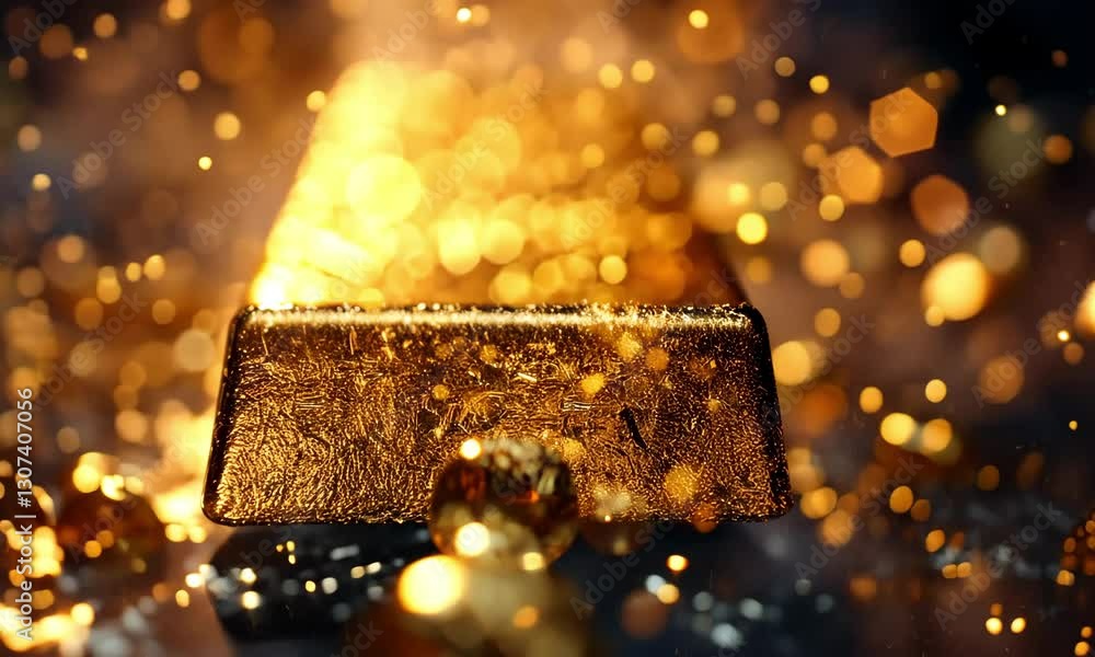 Poster shimmering gold bar surrounded by sparkling particles creates a mesmerizing visual experience