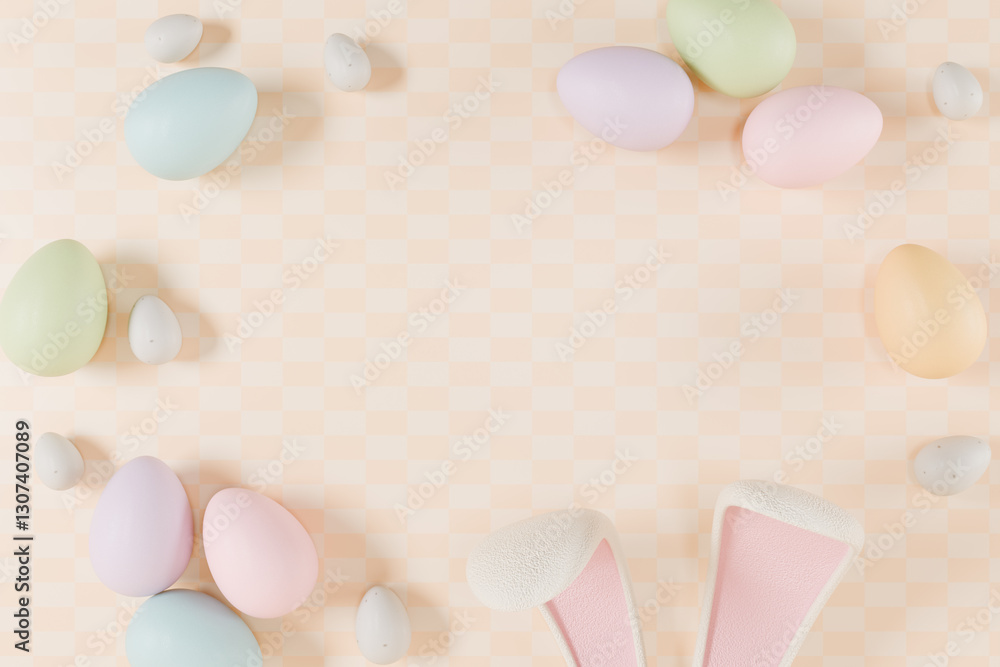 Poster easterthemed image featuring colorful eggs and bunny ears on a soft pastel background. 3d rendering