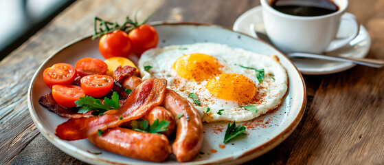 modern breakfast plate with sunny-side-up eggs, crispy bacon, sausages, and fresh tomatoes, served with a hot cup of coffee or tea