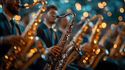 Harmonic ensemble: professional musicians playing saxophones in concert atmosphere