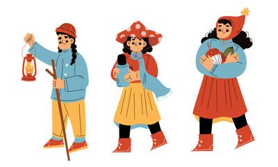 Cute Children Characters Enjoy Autumn Season Vector Set