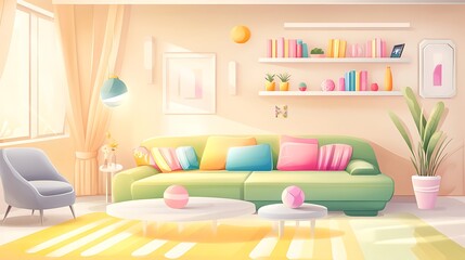 there is a green couch in a living room with a yellow rug