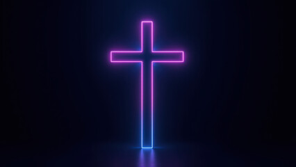 Stylized neon Christian cross standing against dark background.