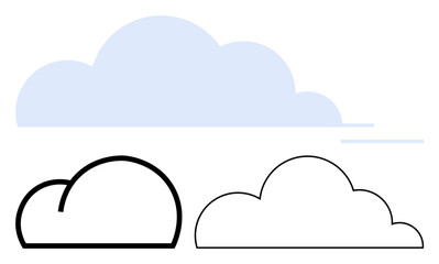Three cloud illustrations in distinct styles solid filled, bold outline, thin outline representing weather, storage, technology, creativity, simplicity, adaptability and connection. Flat simple