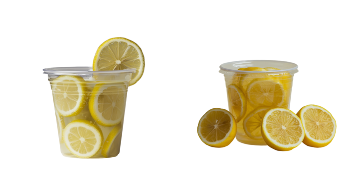 On a white background, a clear plastic cup filled with Citrus Lemonade and fitted with a lid is showcased, with studio lighting applied to generate a high-impact advertising picture