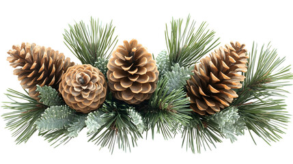 Pine Cones and Pine Branches Isolated on White Background