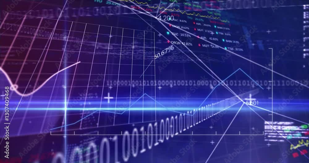 Poster binary code and financial graphs overlaying digital data processing animation