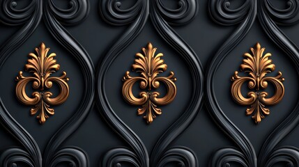A decorative surface featuring elegant gold motifs on a textured black background, showcasing intricate patterns and a luxurious design.