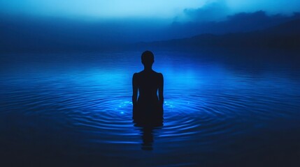 Silhouetted woman in night water, luminous ripples, misty mountains. Possible stock photo use