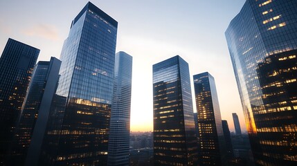 Modern skyscrapers reflect sunset colors in an urban skyline.
