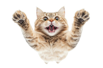 Obraz premium Playful cat jumping with excitement against a bright white background capturing the spirit of feline curiosity,cut out 